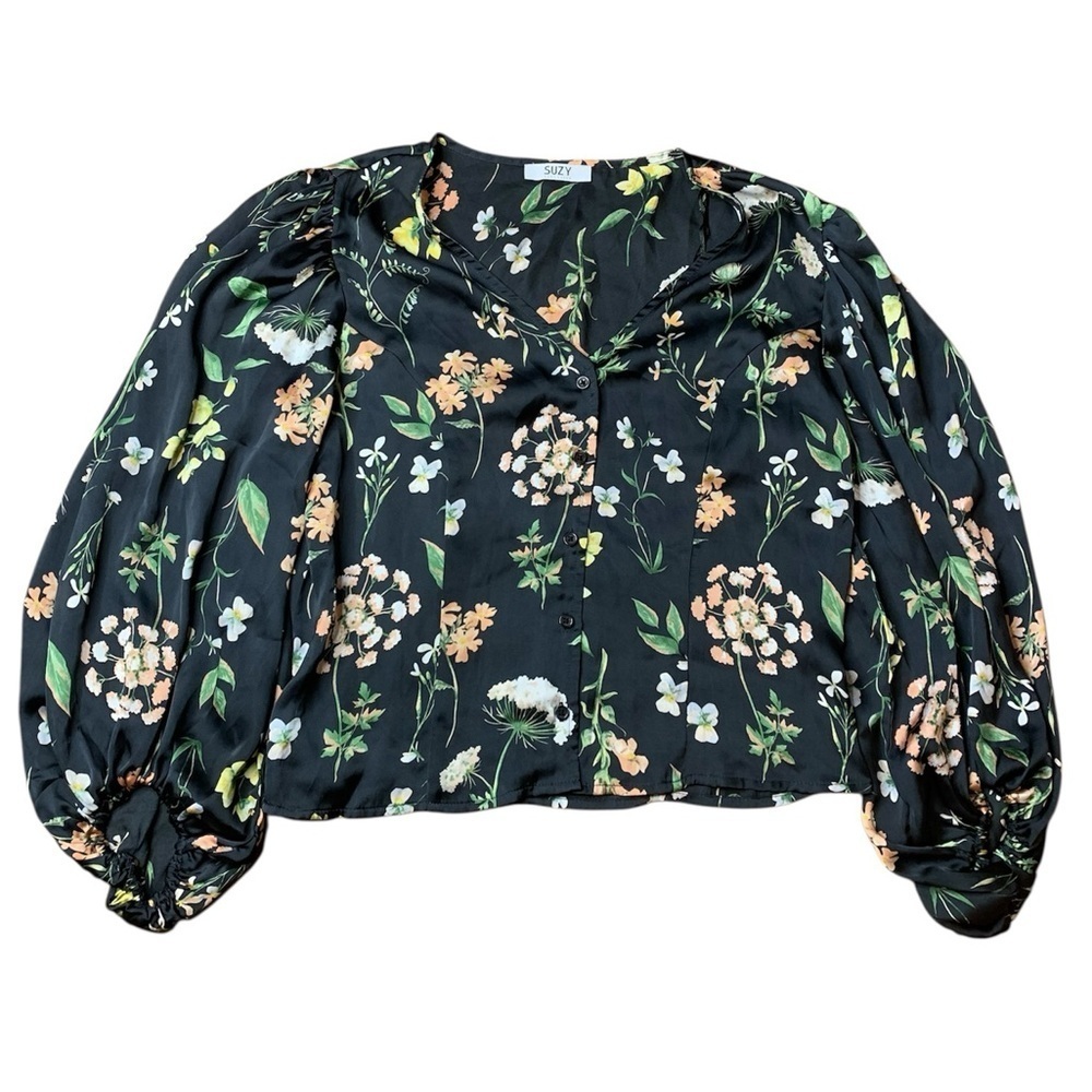 Suzy Shier Black Floral Puff Sleeve Button-Front Blouse - Size M